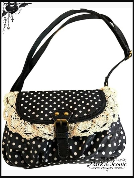 Handbags - Polka Dots Crossbody Bag Lace Trim Adjustable Strap Flap Handbag Purse